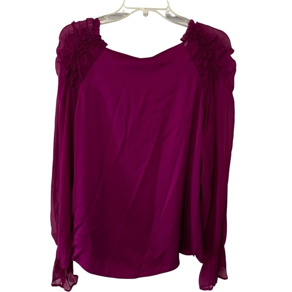 ELIE TAHARI Magenta Silk Top Ruffle Sheer Sleeves Feminine Pretty Small Flowy - Picture 8 of 13